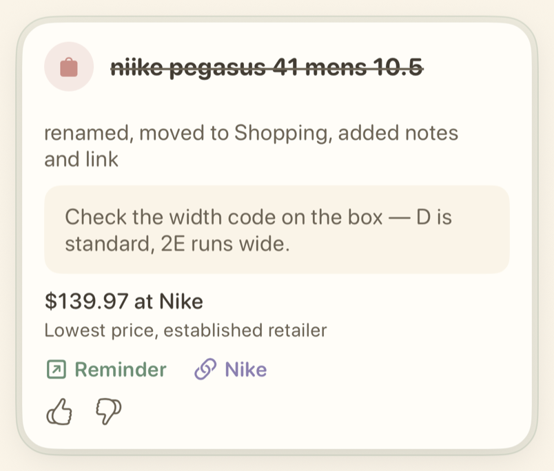 Reminder card with the Undo action